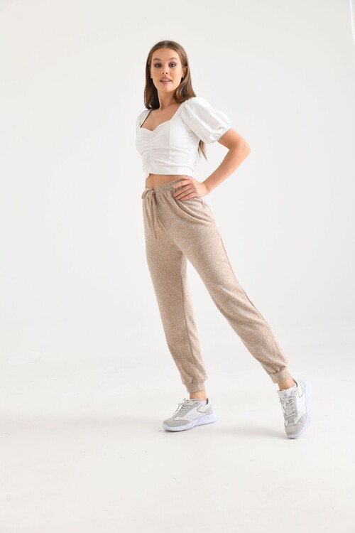 Beige High Waist Elastic and Tie Detail Soft Knitted Sweatpants