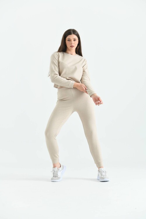 Beige Soft Fabric Knitted Pajamas Set