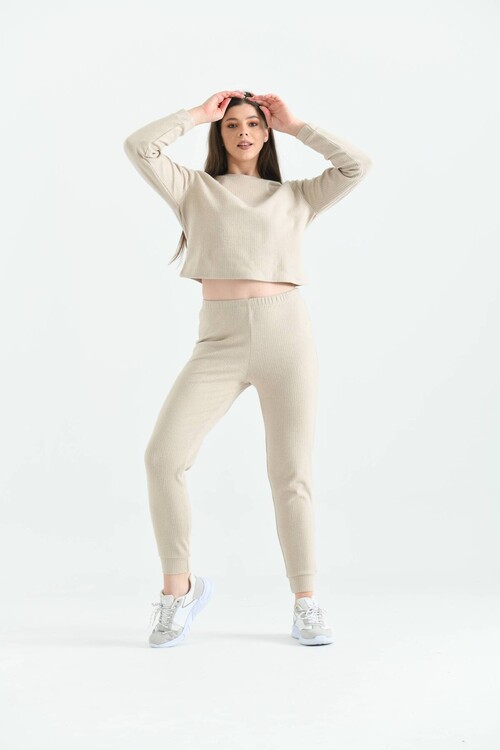 Beige Soft Fabric Knitted Pajamas Set