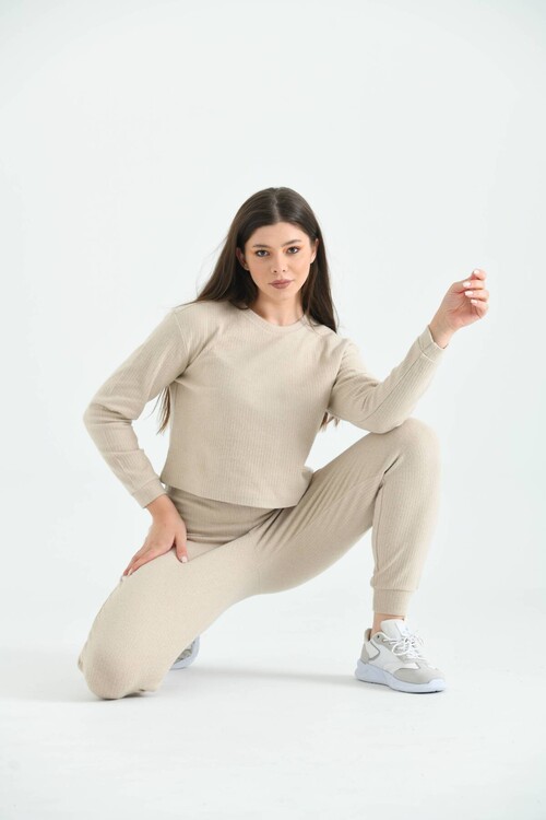 Beige Soft Fabric Knitted Pajamas Set