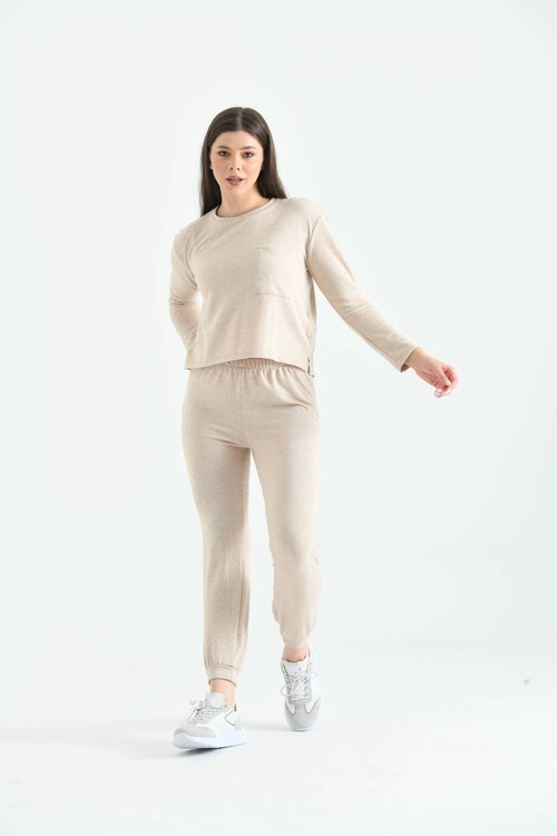 Beige Soft Fabric Knitted Pajamas Set