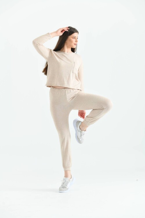 Beige Soft Fabric Knitted Pajamas Set