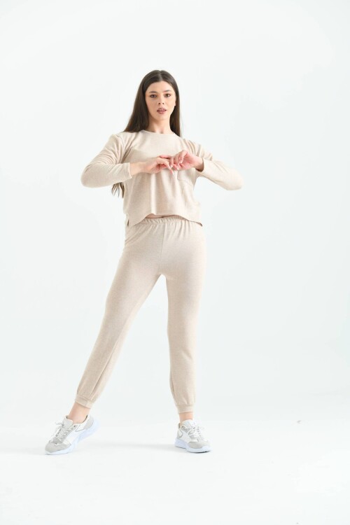Beige Soft Fabric Knitted Pajamas Set