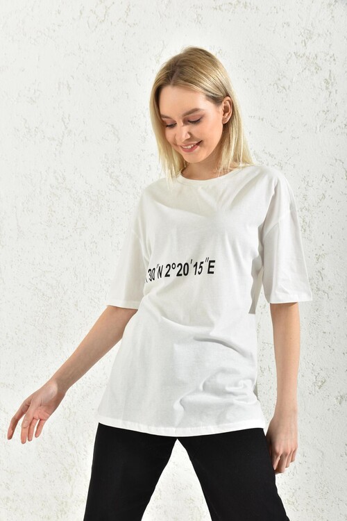 White Print Detail Short Sleeve T-Shirt