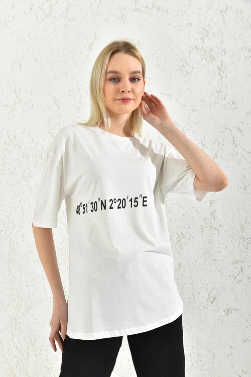 White Print Detail Short Sleeve T-Shirt