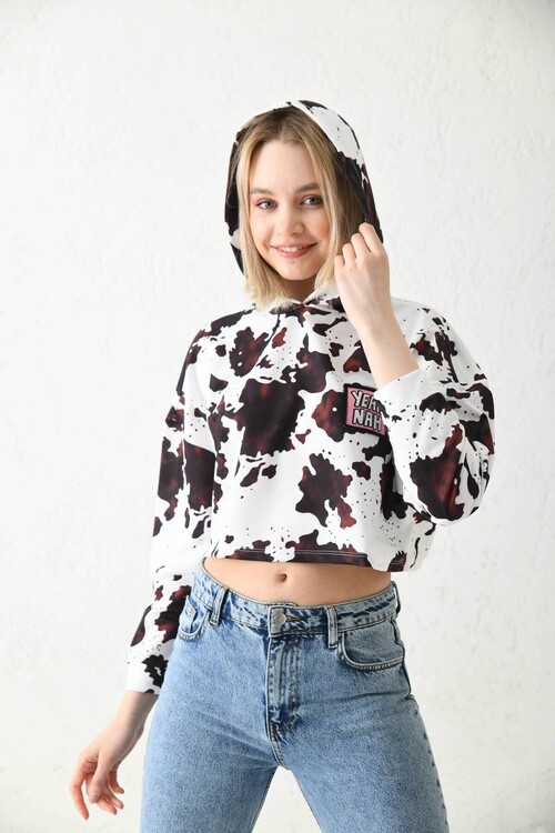 White Print Detailed Hooded Knitted Blouse