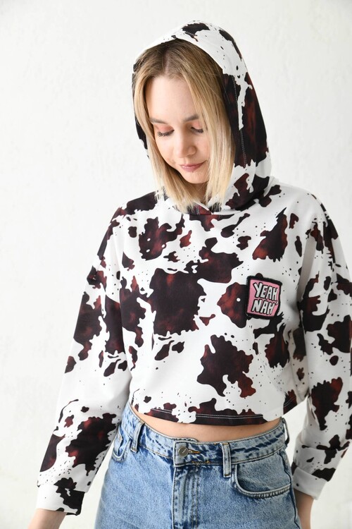 White Print Detailed Hooded Knitted Blouse