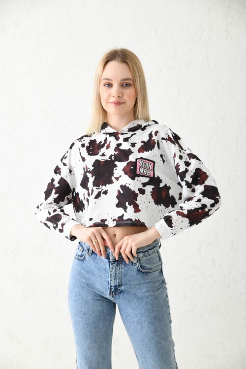 White Print Detailed Hooded Knitted Blouse