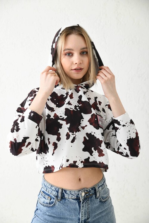 White Print Detailed Hooded Knitted Blouse