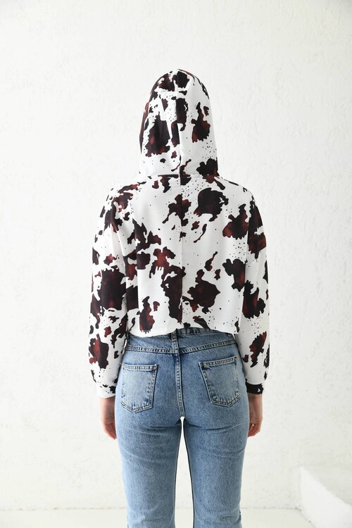 White Print Detailed Hooded Knitted Blouse