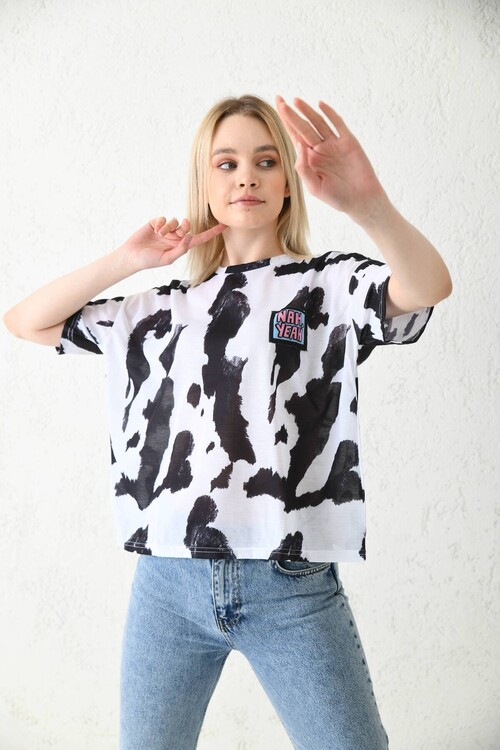 White Print Detailed Knitted T-Shirt