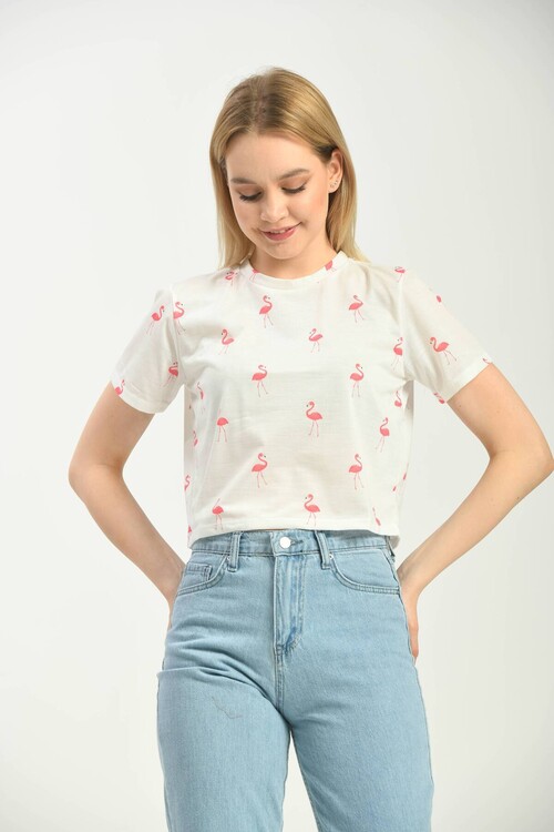 White Printed Crop Knitted T-Shirt