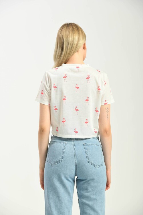 White Printed Crop Knitted T-Shirt