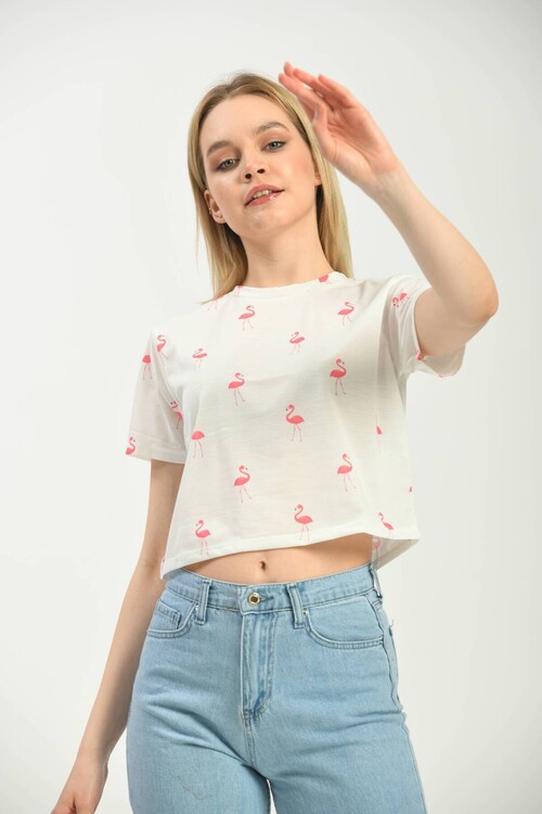 White Printed Crop Knitted T-Shirt