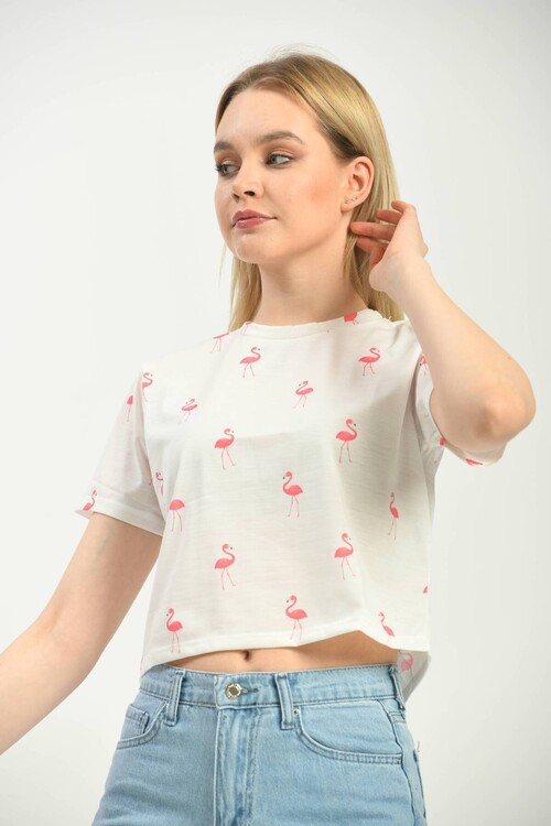 White Printed Crop Knitted T-Shirt
