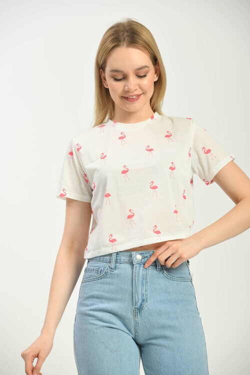 White Printed Crop Knitted T-Shirt