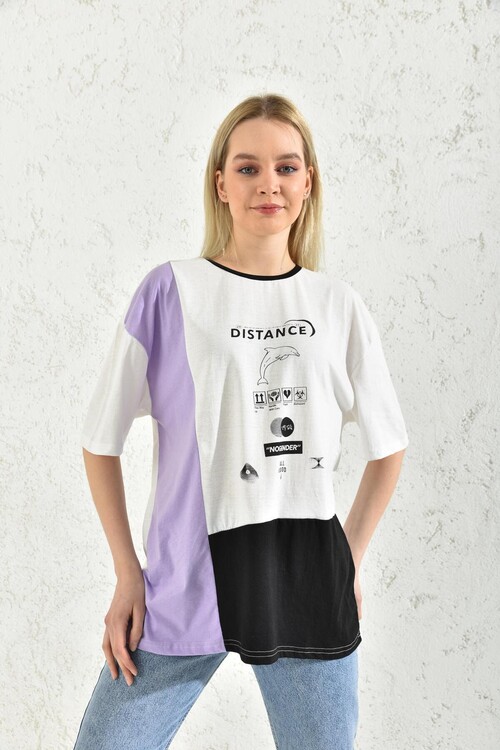 White Block Print Detailed Short Sleeve T-Shirt