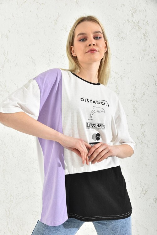 White Block Print Detailed Short Sleeve T-Shirt