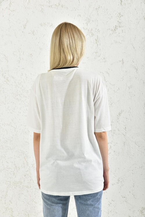 White Block Print Detailed Short Sleeve T-Shirt