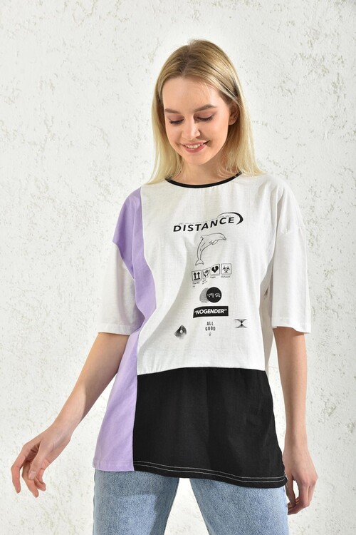 White Block Print Detailed Short Sleeve T-Shirt