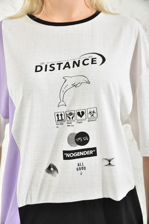 White Block Print Detailed Short Sleeve T-Shirt