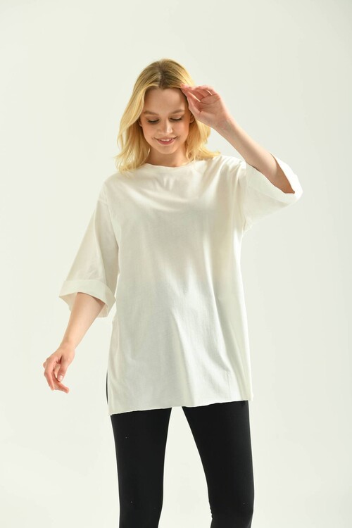 White Double Sleeve Wide Cut Asymmetrical Slit Knitted T-Shirt