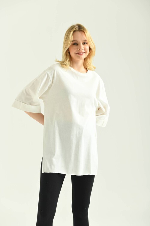 White Double Sleeve Wide Cut Asymmetrical Slit Knitted T-Shirt
