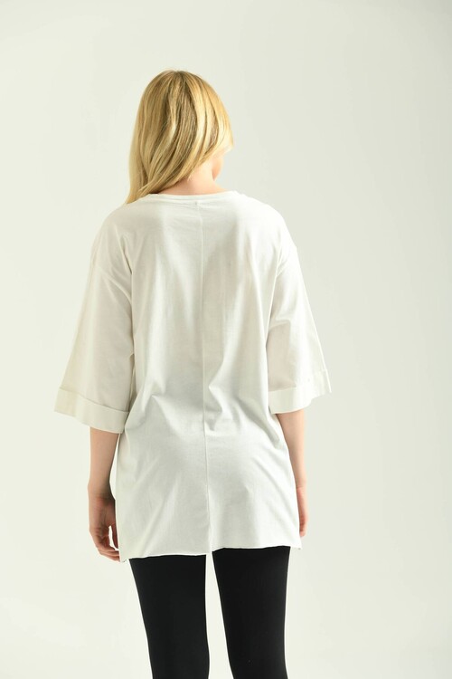 White Double Sleeve Wide Cut Asymmetrical Slit Knitted T-Shirt