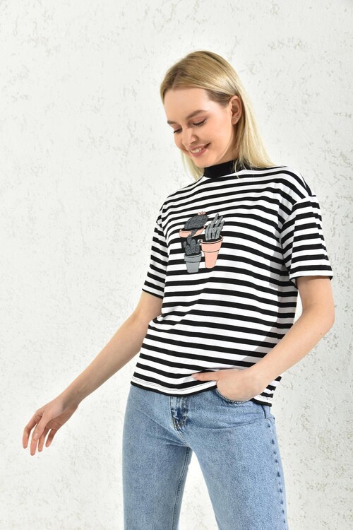 White Cactus Printed Striped T-Shirt