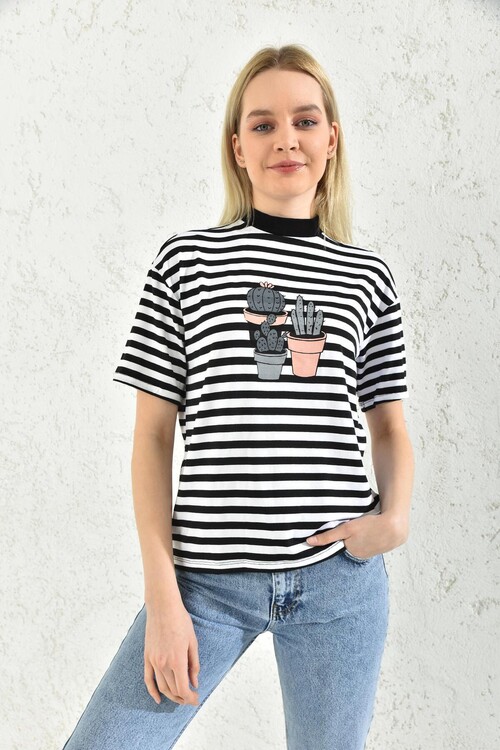 White Cactus Printed Striped T-Shirt
