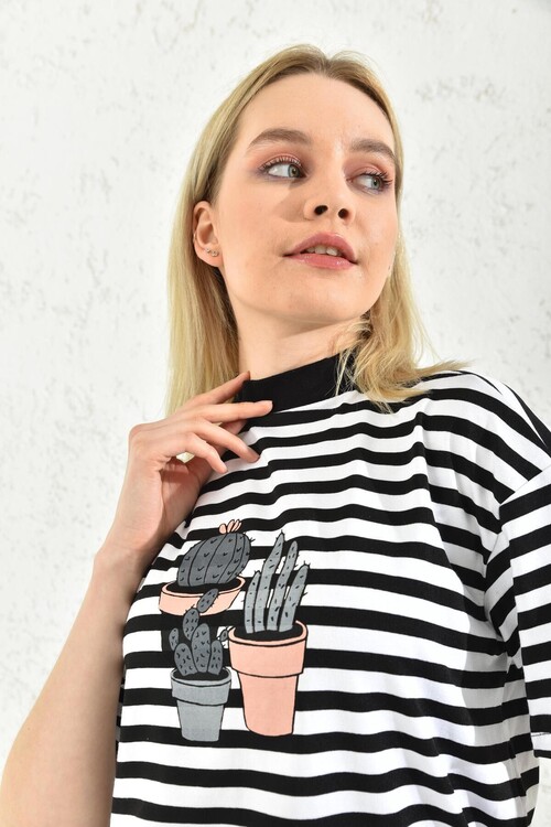 White Cactus Printed Striped T-Shirt
