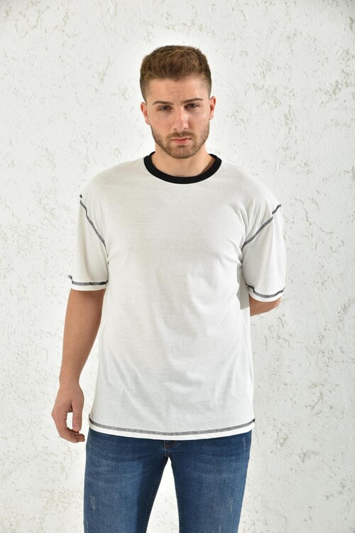 White Short Sleeve Colorful Collar T-Shirt