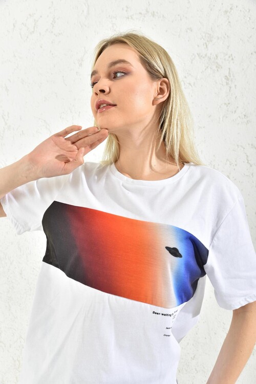 White Front Print Detailed T-Shirt