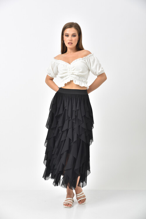 White Front Gathered Elastic Detailed Crop Blouse