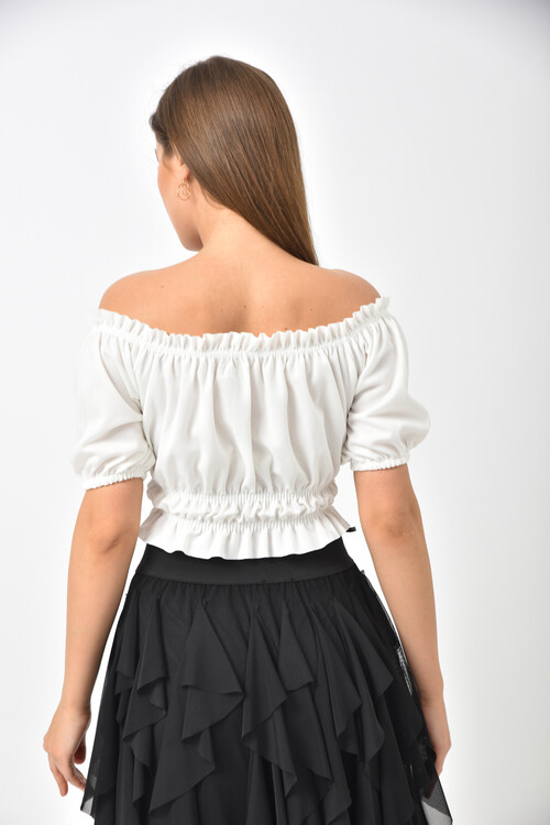 White Front Gathered Elastic Detailed Crop Blouse