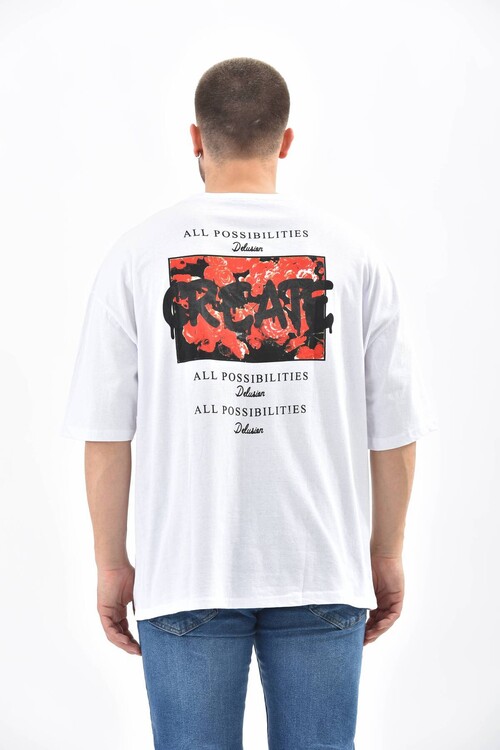 White Back Print Detailed Short Sleeve T-Shirt