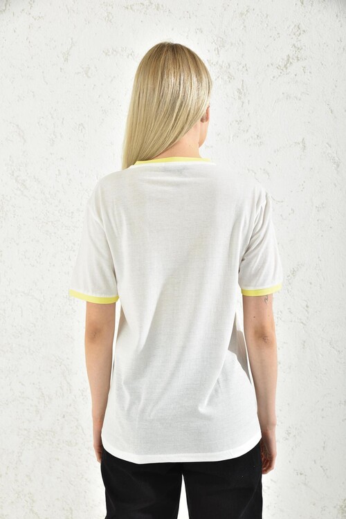 White Collar and Yellow Stripe Detailed T-Shirt