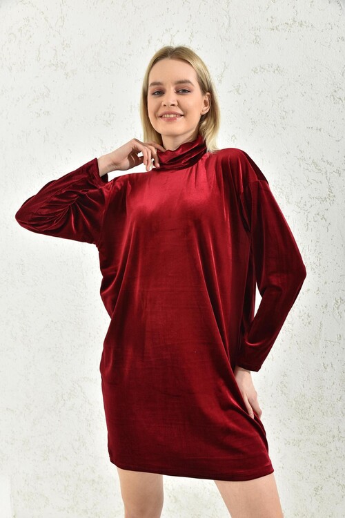 Bordo Balıkçı Yaka Mini Kadife Kumaş Elbise