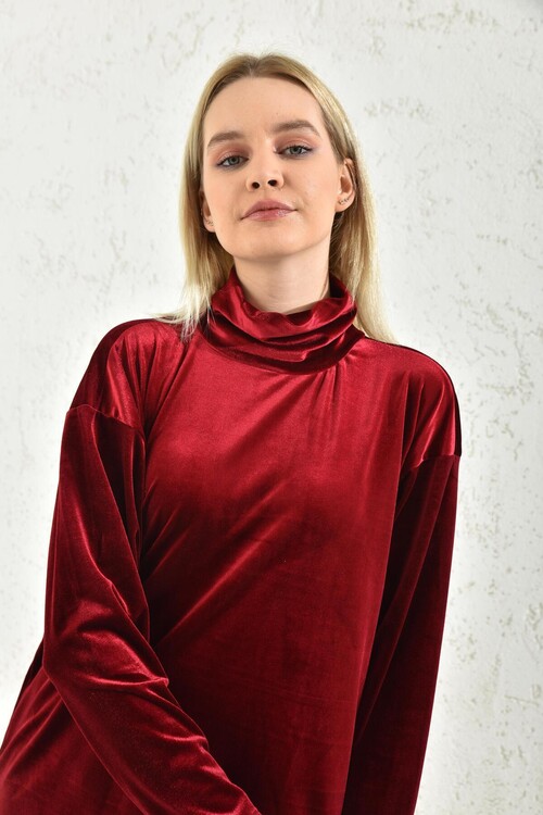Bordo Balıkçı Yaka Mini Kadife Kumaş Elbise
