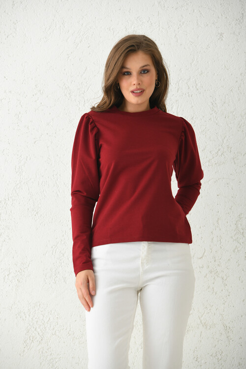 Bordo Balon Kol Detay İnce Basic Örme Sweatshirt