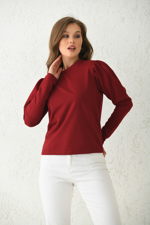 Bordo Balon Kol Detay İnce Basic Örme Sweatshirt
