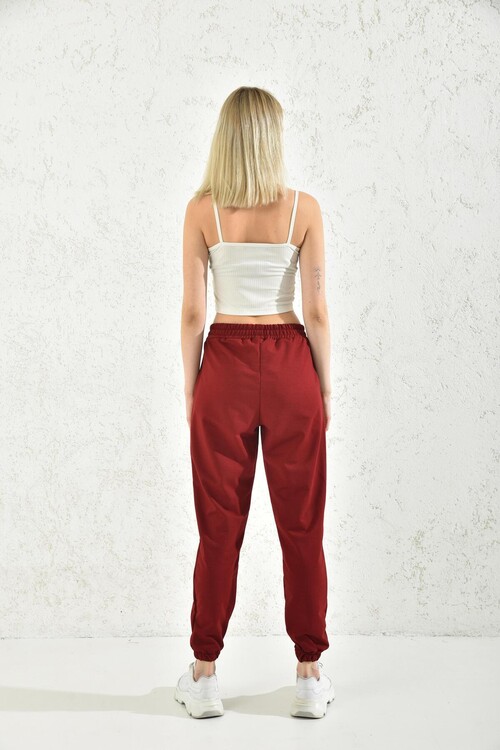 Claret Red Pocket Detailed Elastic Tasseled Sweatpants