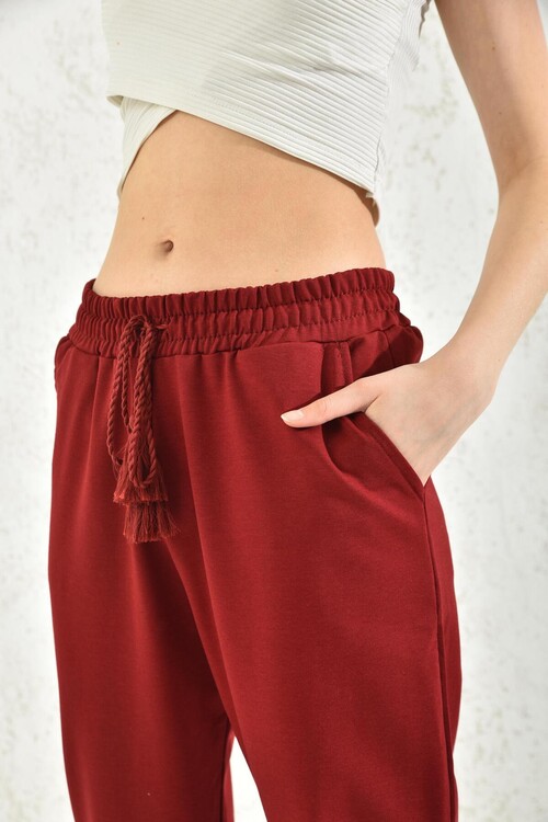 Claret Red Pocket Detailed Elastic Tasseled Sweatpants