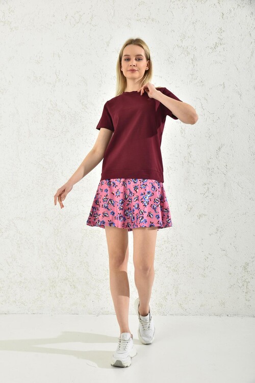Burgundy Floral Patterned Sweat Dress