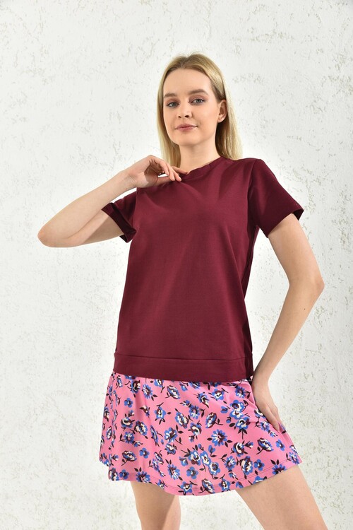Burgundy Floral Patterned Sweat Dress