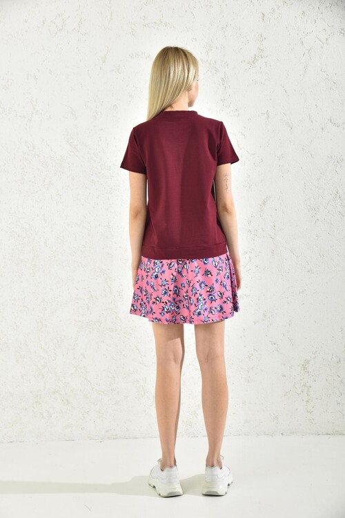 Burgundy Floral Patterned Sweat Dress