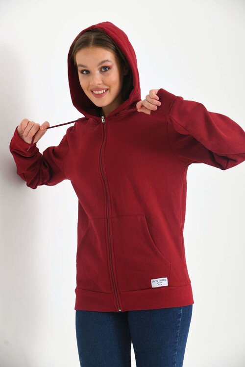 Claret Red Hoodie and Kangaroo Pocket Detailed Sweatshirt