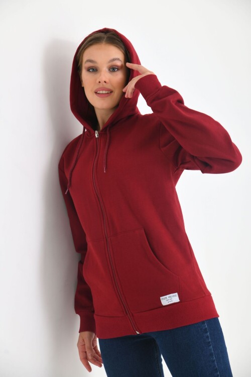 Claret Red Hoodie and Kangaroo Pocket Detailed Sweatshirt