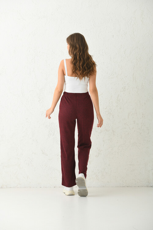 Bordo Lastik ve Bağlama Detaylı Triko Örme Spor Pantolon