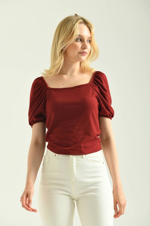 Claret Red Front Back Square Neck Balloon Sleeve Camisole Blouse